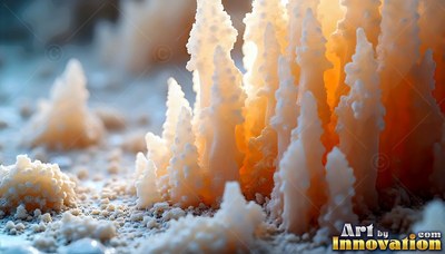 On a sandy floor, white and orange crystal spires catch the soft light