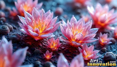 Opening across dark gravel, pink crystal water lilies shine with bright orange centers