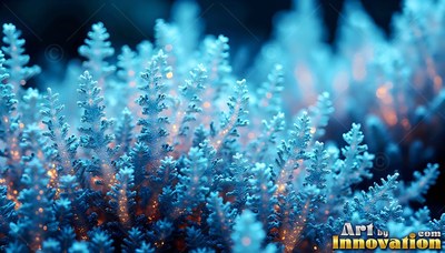 Frosty blue plants with tiny warm orange lights