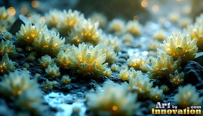 Spiky yellow petals with lighted centers cover small alien flowers across wet dark rocks