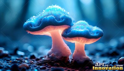 Two blue mushrooms sprout from dark soil with warm pink light beneath their caps