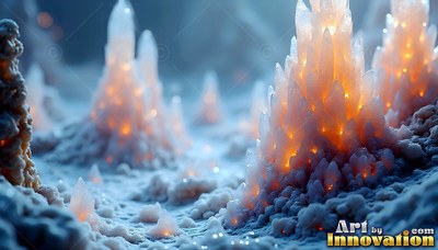 Standing upright across icy ground, crystal spires shine with warm orange light