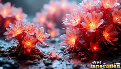 Pink flowers with bright orange centers bloom in dark soil