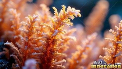 In soft light, fuzzy orange stalks covered in frost grow close together