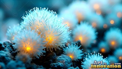 Shining with warm yellow centers, white spiky flowers cluster on dark rocks