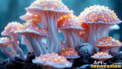 Pink and white mushrooms with bright yellow spots on dark soil
