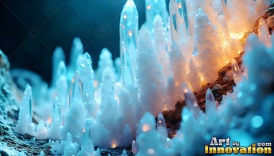 Clear pointed tips rise from frosted blue crystal spires growing along a dark cave floor