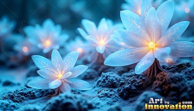 Pale blue flowers open on rough ground, lit by warm yellow centers