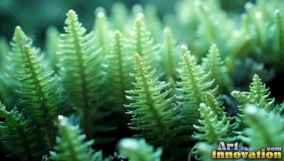 Standing upright in a dark garden, small green ferns rise together in soft light