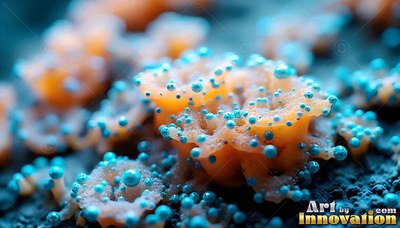Cup-shaped orange fungi covered in tiny round blue beads on dark ground