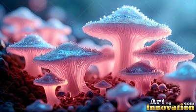 In a dark patch of soil, pink mushrooms stand with frosty blue caps