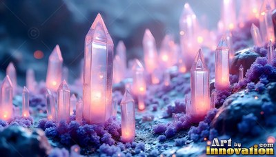 Shining from within, pink crystals sprout across purple moss on dark rock