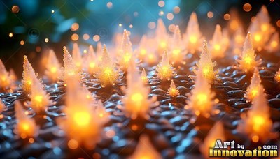 Spiky crystal plants lit with yellow centers rise up from dark wet ground