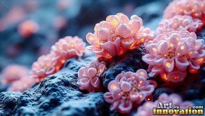 Pink blossoms grow across dark rock, lit from inside with warm yellow light