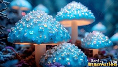 Tilted close up on wet ground, bright blue mushrooms with glassy beads on top