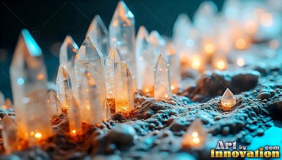 Clear crystal points lit with warm orange light grow from bumpy ground