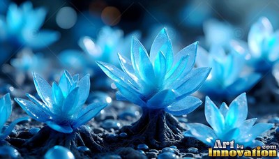 On dark bumpy ground, translucent blue crystal lotus flowers grow under soft light
