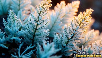 Catching warm sunlight, frosted fern fronds rise in pale blue and white