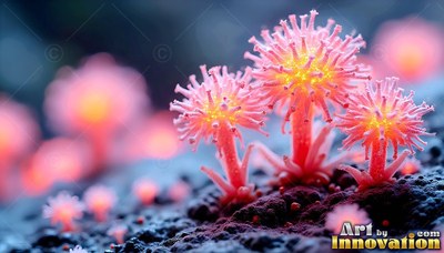 Pink spiky flowers with bright yellow centers on dark rock