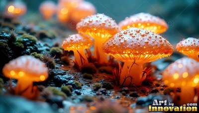 Spotted orange caps of lit mushrooms stand out on dark, wet ground with soft moss