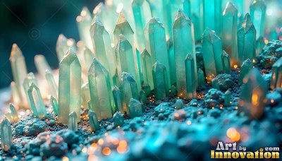 Green crystal spires sprout from dark ground in soft yellow light