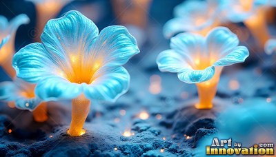 Tilted upward on a dark field, light blue trumpet flowers shine with warm orange stems