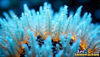 Icy blue crystal sprouts with water drops rise from an orange base