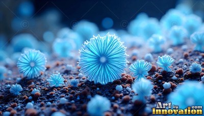 On dark bumpy soil, bright blue flower-like mushrooms sprout across the field