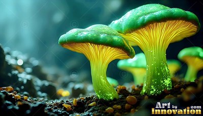 Sprouting from dark soil, bright green mushrooms shine with yellow light from below