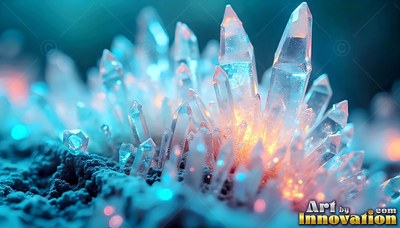Clear crystal points shining with warm light in blue sand