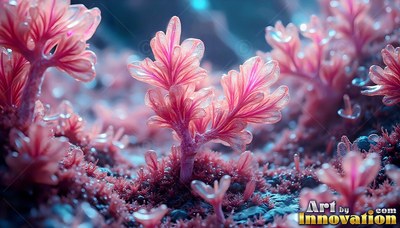 Pink leaf veins stripe tiny coral-shaped alien plants growing across dark soil