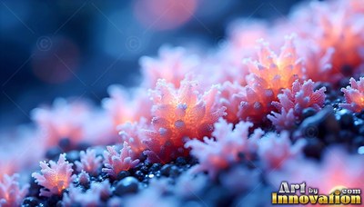 Sprouting upward on dark pebbles, pink coral plants shine with yellow light