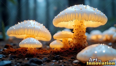 White mushrooms with bright warm light under their caps grow in dark soil