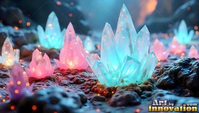 On a rocky landscape, pink and blue crystal clusters shine softly