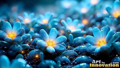 Sprouting from dark soil, blue succulent flowers shine with bright yellow centers