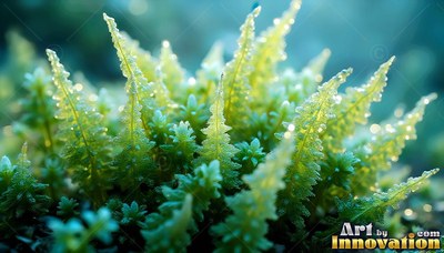 Green mossy fronds covered in tiny bright water drops