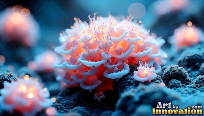 Ruffled pink petals open on a round alien fungus growing in a dark blue rocky field
