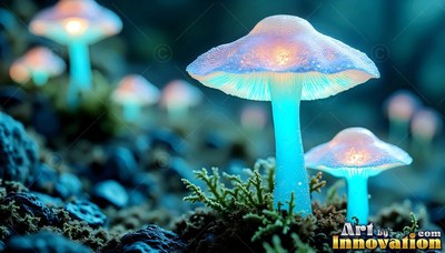 Translucent mushrooms sprout from dark moss, lit from within by warm yellow and cyan light