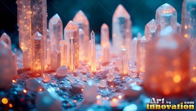Standing upright across dark ground, orange and blue crystals shine in close up view
