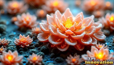 Peach flowers with bright yellow centers sit on dark rough ground