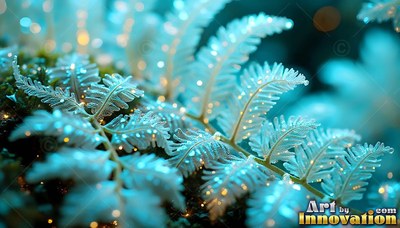 In a dark forest, pale blue fern leaves shine with tiny yellow lights