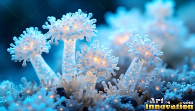Sprouting from blue ground, small white coral-like plants shine with warm inner points of light