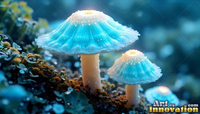 Light blue mushrooms with white caps on dark moss