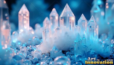 Sharp triangular tops on clear crystals stand in white fluff on a deep blue surface