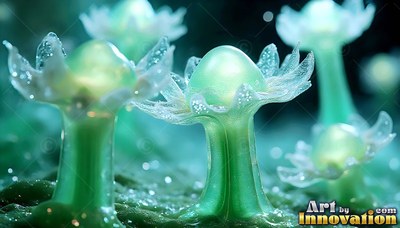 Translucent green mushrooms rise from moss under a soft pale shine