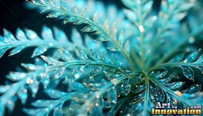Spreading out against dark space, icy blue fern leaves catch bright light