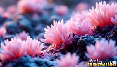 Small pink anemone flowers grow along dark blue moss in soft light