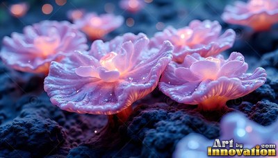 On dark bumpy ground, pink flowerlike mushrooms shine with warm light