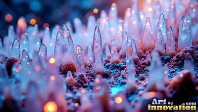 Sprouting from pink soil, clear ice spires stand beneath blurry yellow lights