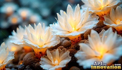 White lotus-shaped flowers shining with warm yellow centers